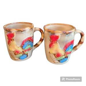 Rooster stoneware coffee mugs Farm house